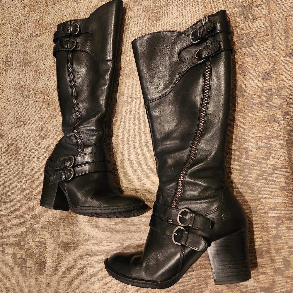 Born Milari Tall Leather Riding Boot Buckles Block Heel Black Size 8.5